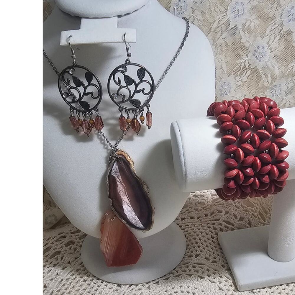 Earth Toned Jewelry Set,  russet, red, brown necklace ,bracelet & earrings
